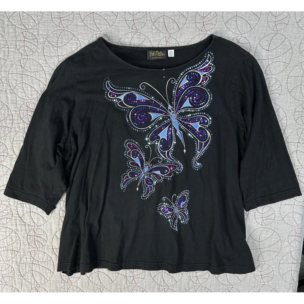 Bob Macke Top Wearable Art Y2K Butterfly Bling Long‎ Sleeve Shirt / Women's 3X